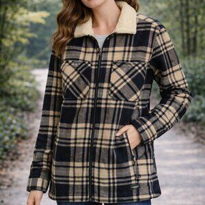 WESC Sherpa Lined Plaid Jacket Unisex Medium Navy Cream Zip Front